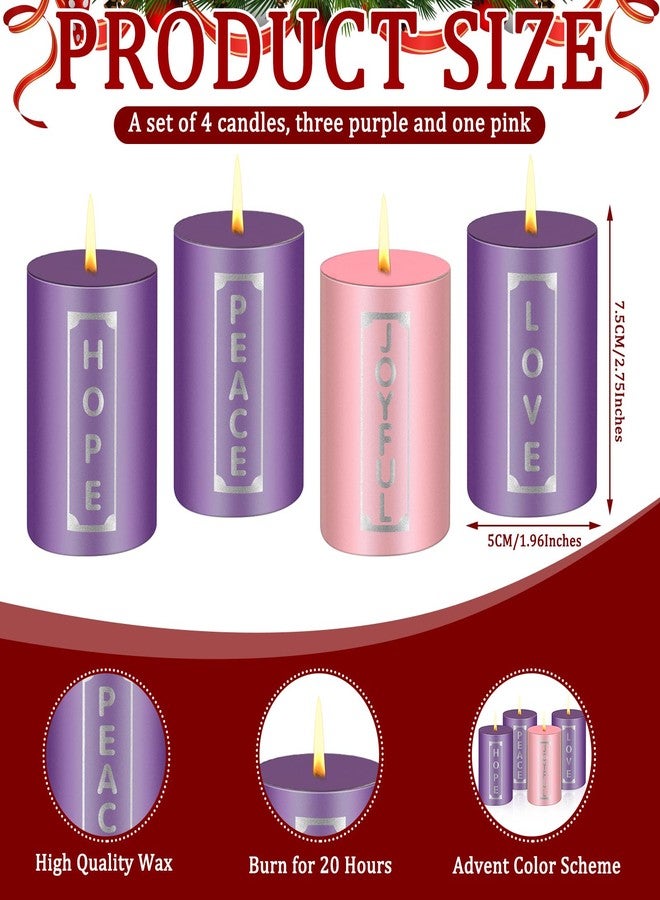 ميتلي مجموعة شموع عيد الميلاد من إم تي لي، 4 شموع عمودية مزينة بكلمات، شموع إكليل عيد الميلاد، مناسبة للكبار، حفلات الزفاف، حلقات وأكاليل عيد الميلاد، حفلات الاستقبال في الكنائس، الاحتفالات، بنفسجي وردي (2 × 3 بوصة) - Image 2