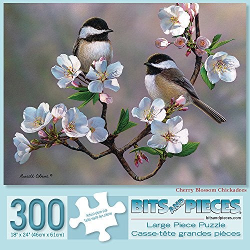 Bits and Pieces Large 300 Piece Jigsaw Puzzle for Adults Cherry Blossom Chickadees Spring Birds Jigsaw Puzzle by Artist Russell Cobane Completed Puzzle Size 18 x 24 - Image 1