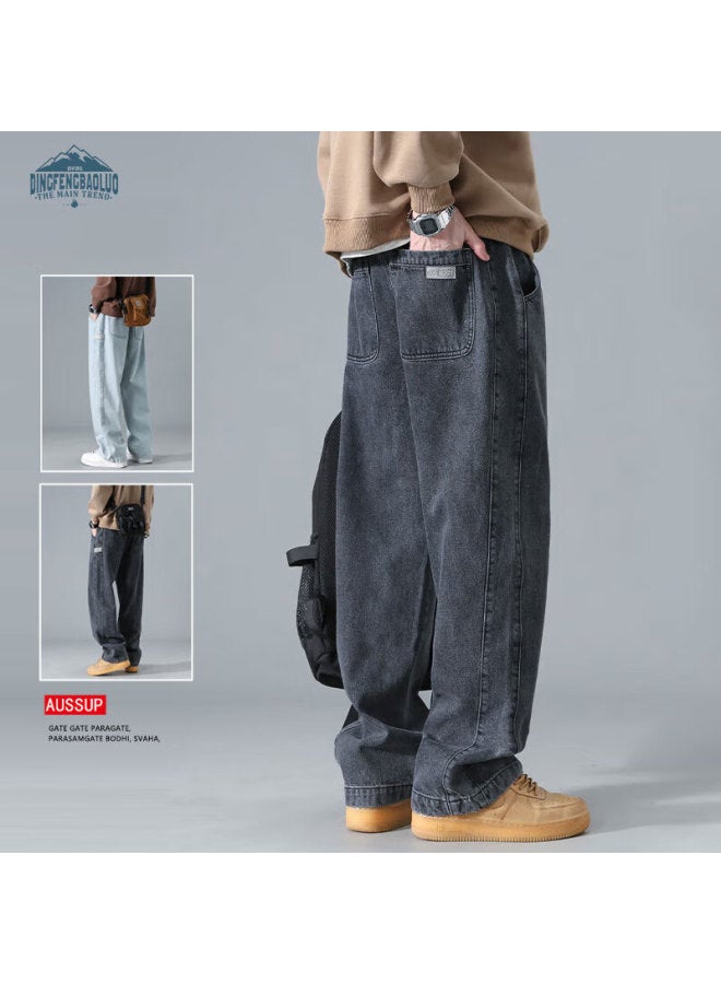 Dingfengbaoluo American-style Stone-washed Straight-leg Jeans, Spring And Summer Trendy Brand, Large Size, Loose Wide-leg Pants For Men, Ds61 Black XL - Image 1