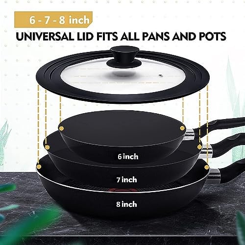 EZYHOME 2Pcs Universal Cover for Pots and Pans,Heat-Resistant Tempered Glass Frying Pot Lid, One Size Fits All, Frying Cooking pot Cover, Silicone Rubber Pot Lid (BLACK: 16/18/20 &20/22/24cm) - Image 5