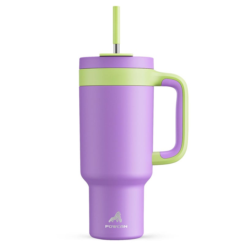POWCAN 40 oz Tumbler with Handle 2in1 Straw and Sip Lid Leakproof Dishwasher Safe Insulated Stainless Steel Travel Coffee Mug Keeps Cold for 34 Hours Fits in Car Cup Holder Wisteria