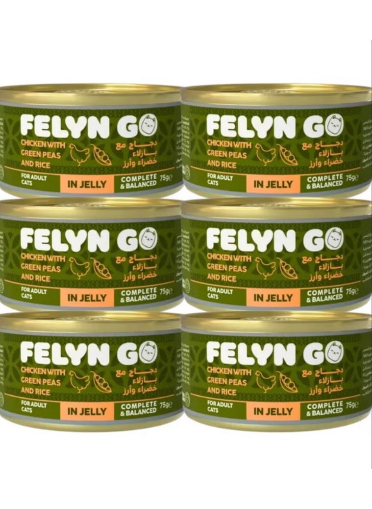 Felyn GO Premium Chicken with Green Peas and Rice Wet Food for Adult Cats in Jelly – Balanced Protein & Fiber Blend, Gentle Digestive Support – Complete & Balanced Daily Nutrition – 75g Cans (Pack of 6) - Image 1