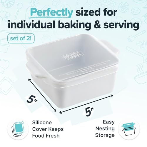 Souper Cubes Stoneware 2.0-5" x 5" Baking Dishes for Oven, Made in USA, Premium Mini Ceramic Baking Dishes with Silicone Covers for Individual Portions, Set of 2 - White - Image 2