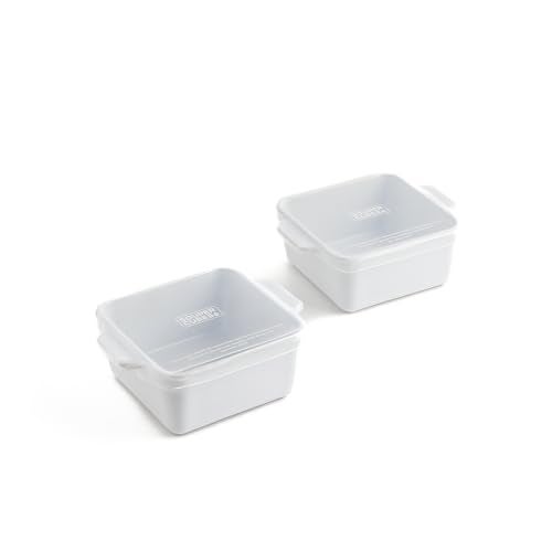 Souper Cubes Stoneware 2.0-5" x 5" Baking Dishes for Oven, Made in USA, Premium Mini Ceramic Baking Dishes with Silicone Covers for Individual Portions, Set of 2 - White - Image 1