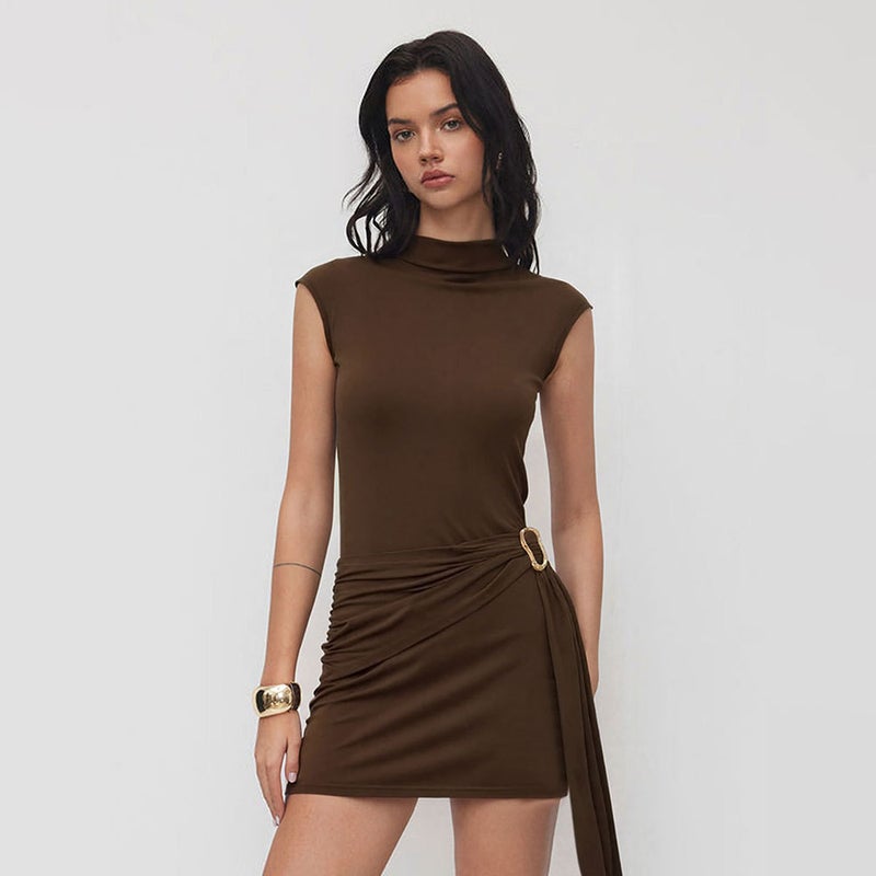 Knitted Solid Color Slim Fit Dress with Metal Buttons - Image 3