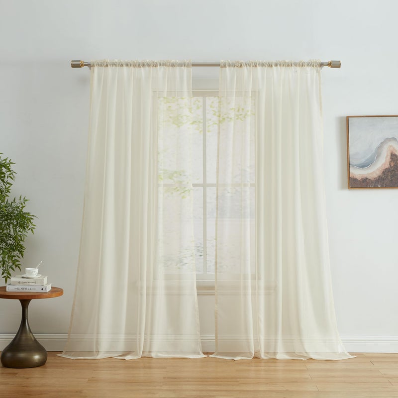 HLC.ME HLCME Beige Sheer Voile Window Treatment Rod Pocket Curtain Panels for Bedroom and Living Room 54 x 84 inches Long Set of 2 - Image 1