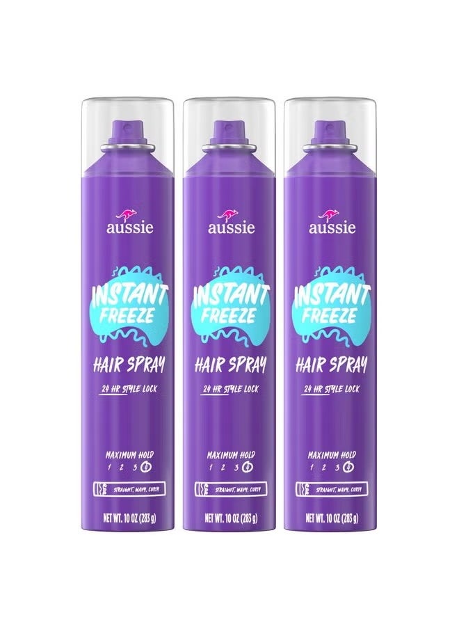Aussie Aussie Instant Freeze Hair Spray for Extreme Hold, Infused with Jojoba Oil & Sea Kelp, Long-Lasting All-Day Hold, Fresh Citrus Scent, Safe for All Hair Types, 10 Fl Oz, 3 Pack 
