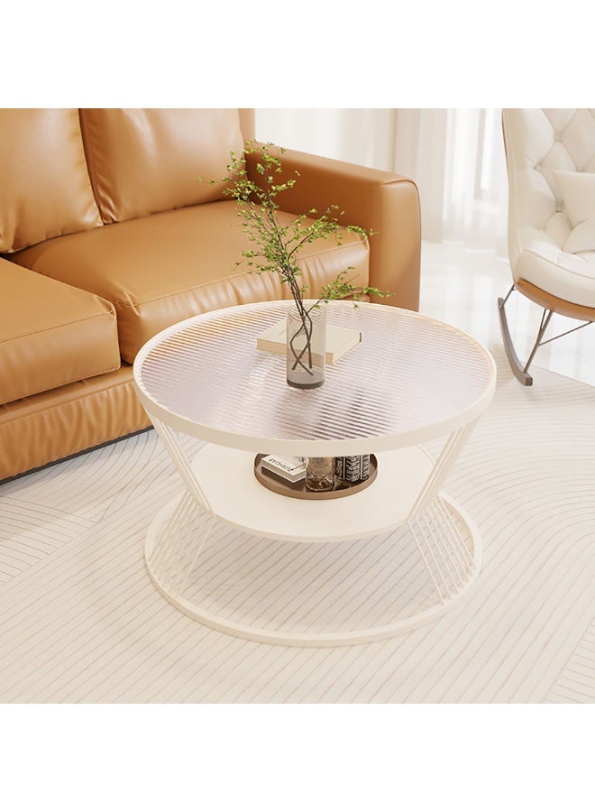 Generic Glass Coffee Table, Metal Frame Round Low Table with Glass Top and Open Shelf Storage for Living Room, Modern Center Table 2 Tier Sofa Side Table for Home Office, 60cm Dia, JJT-C (White)  - Image 1
