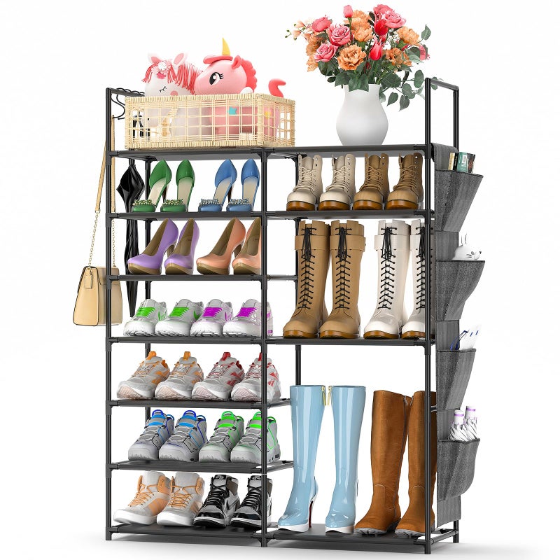 Kottwca 7 Tiers Shoe Rack Metal Shoe Organizer for Entryway Closet 2428 Pairs Stackable Shoe and Boots Shelf Storage Cabinet with Hooks and Side Hanging Pockets for Bedroom Garage Black