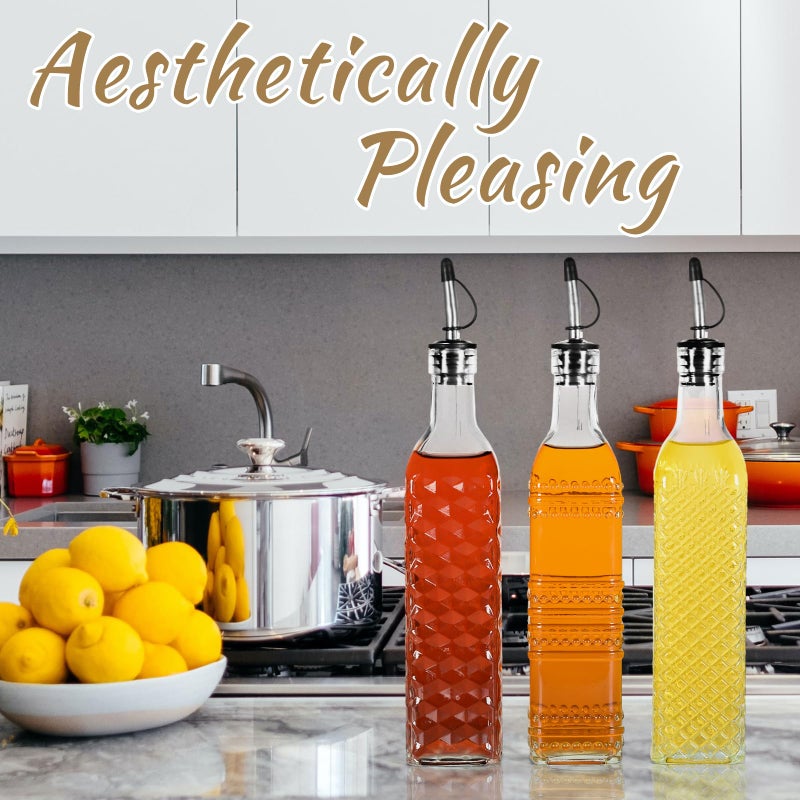 Wongblee 3-Pack Glass Oil Dispensers 500ML/17OZ, Oil and Vinegar Bottles Set with Stainless Steel Pourers, Brush, Funnel, Seal Caps (Square) - Image 5