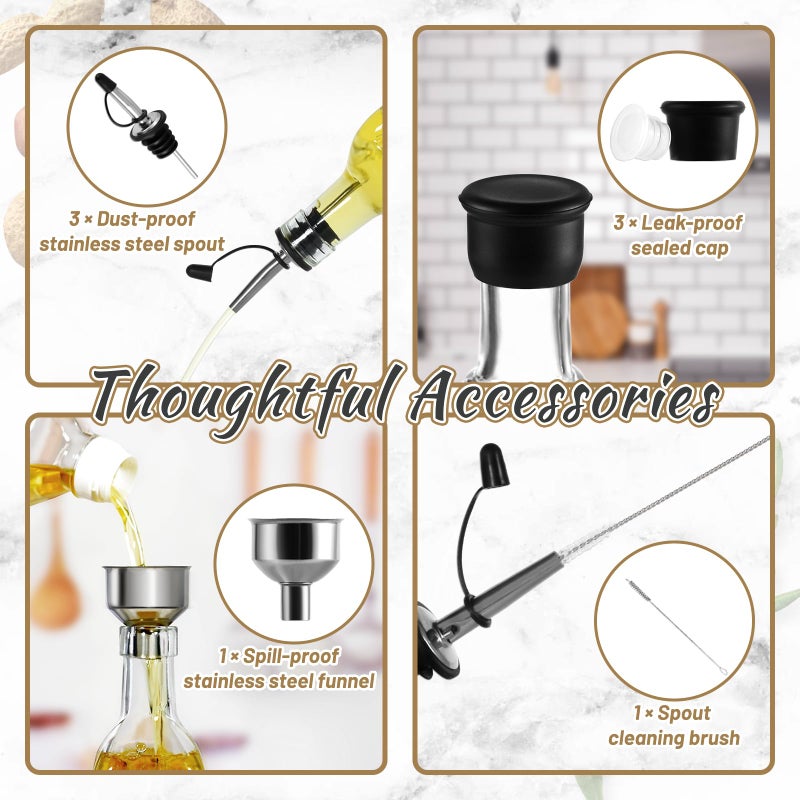 Wongblee 3-Pack Glass Oil Dispensers 500ML/17OZ, Oil and Vinegar Bottles Set with Stainless Steel Pourers, Brush, Funnel, Seal Caps (Square) - Image 3