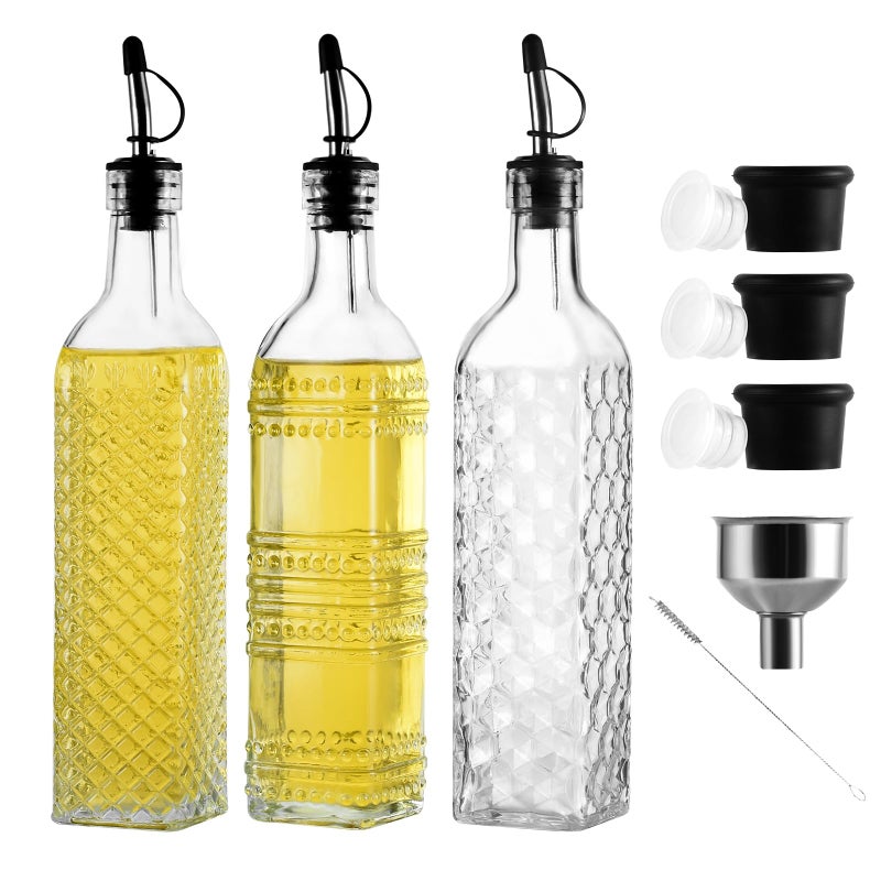 Wongblee 3-Pack Glass Oil Dispensers 500ML/17OZ, Oil and Vinegar Bottles Set with Stainless Steel Pourers, Brush, Funnel, Seal Caps (Square) - Image 1