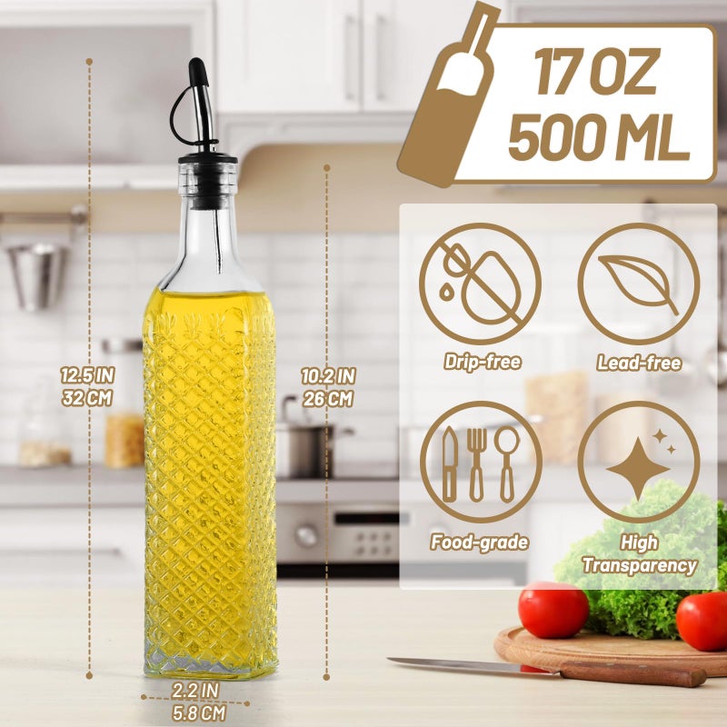 Wongblee 3-Pack Glass Oil Dispensers 500ML/17OZ, Oil and Vinegar Bottles Set with Stainless Steel Pourers, Brush, Funnel, Seal Caps (Square) - Image 2