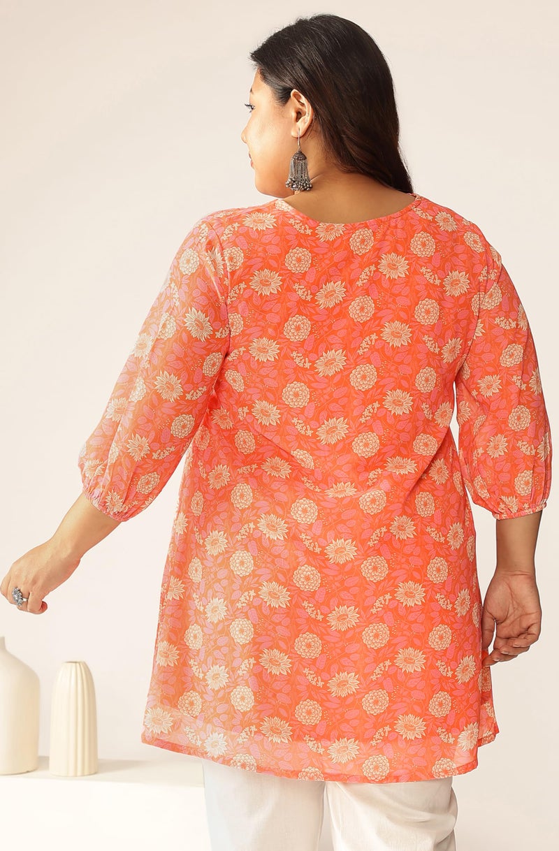 Janasya Women's Plus Size Peach Georgette Floral Printed A-line Tunic (XLC24TU01547-3XL) - Image 4
