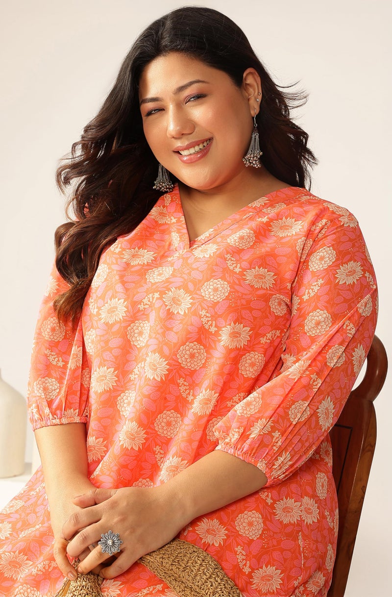 Janasya Women's Plus Size Peach Georgette Floral Printed A-line Tunic (XLC24TU01547-3XL) - Image 2