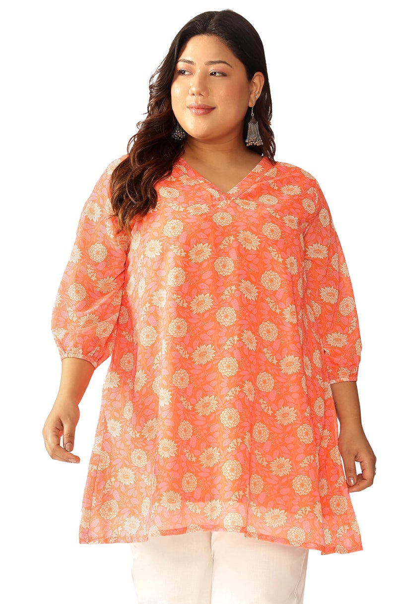 Janasya Women's Plus Size Peach Georgette Floral Printed A-line Tunic (XLC24TU01547-3XL) - Image 1