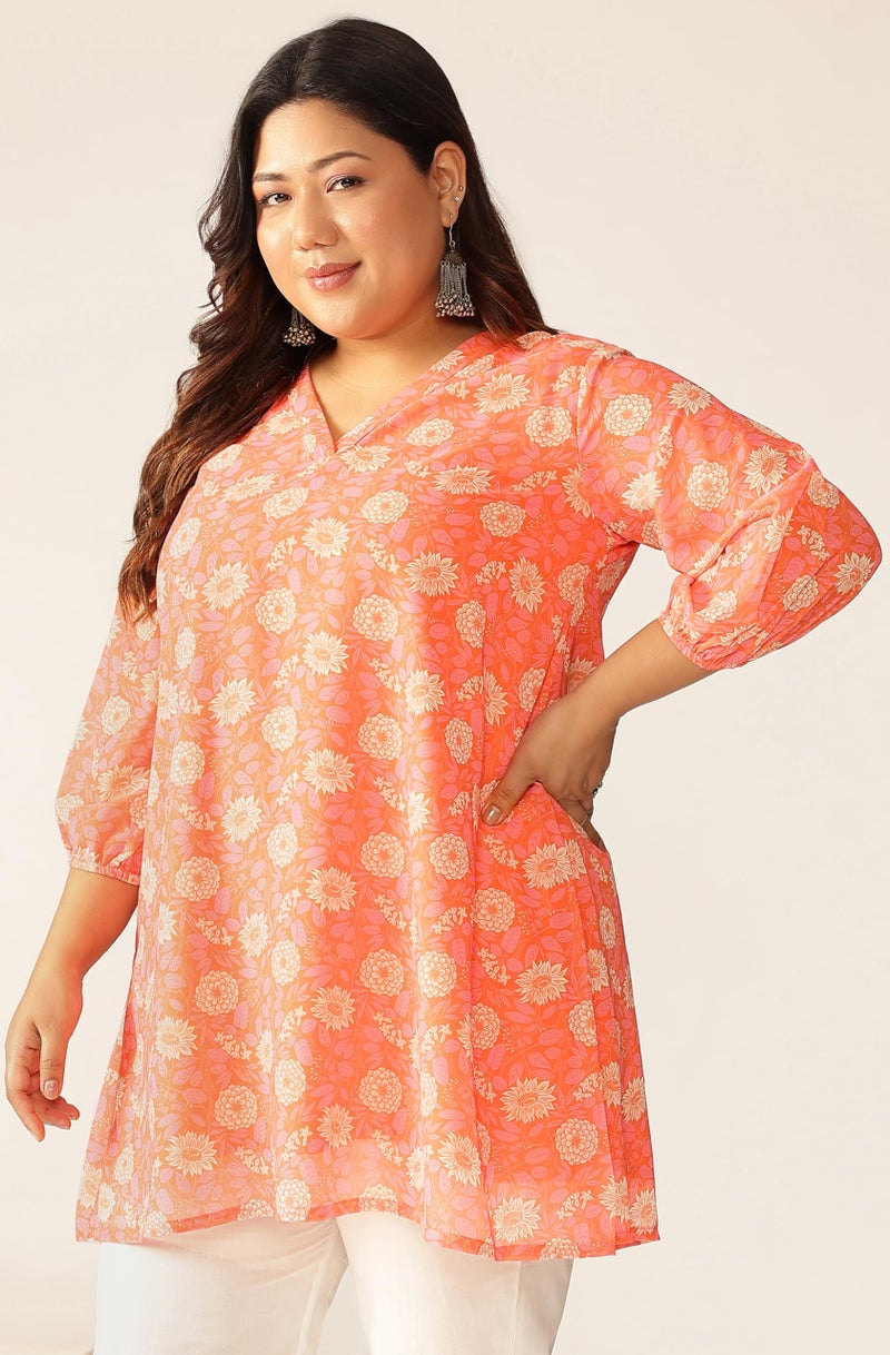 Janasya Women's Plus Size Peach Georgette Floral Printed A-line Tunic (XLC24TU01547-3XL) - Image 3