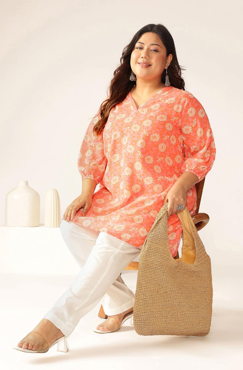 Janasya Women's Plus Size Peach Georgette Floral Printed A-line Tunic (XLC24TU01547-3XL) - Image 5