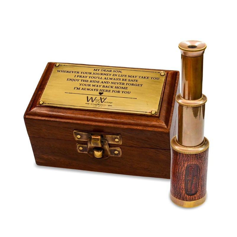 Generic Personalized 6Inch Brass Telescope with Leather Covering and Wooden Box 5X Zoom Customizable with Personal Message Ideal Gift for - Image 1