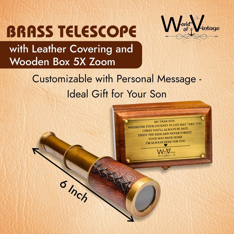 Generic Personalized 6Inch Brass Telescope with Leather Covering and Wooden Box 5X Zoom Customizable with Personal Message Ideal Gift for - Image 2