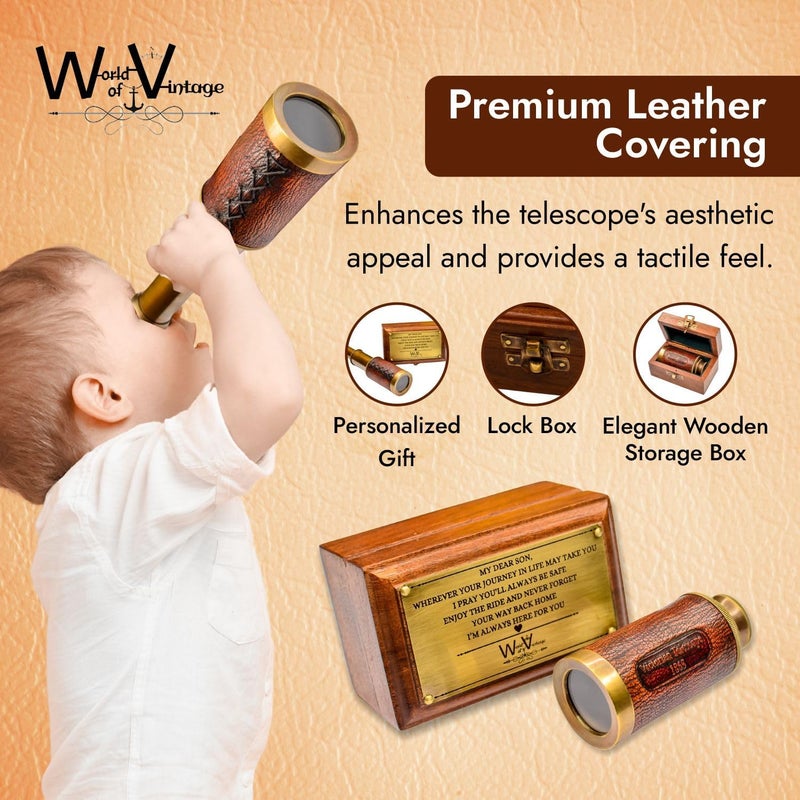 Generic Personalized 6Inch Brass Telescope with Leather Covering and Wooden Box 5X Zoom Customizable with Personal Message Ideal Gift for - Image 4