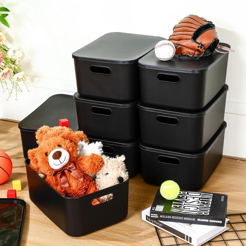 Hoolerry 8 Pieces Colorful Storage Bins with Lid, Plastic Storage Basket Organizing Container Stackable Box with Handle for Shelves Desktop Playroom Office(13.8 x 9.8 x 5.9 Inch,Black) - Image 4