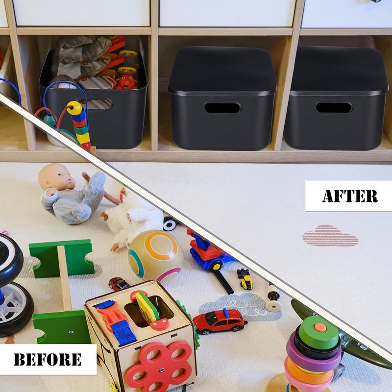 Hoolerry 8 Pieces Colorful Storage Bins with Lid, Plastic Storage Basket Organizing Container Stackable Box with Handle for Shelves Desktop Playroom Office(13.8 x 9.8 x 5.9 Inch,Black) - Image 5