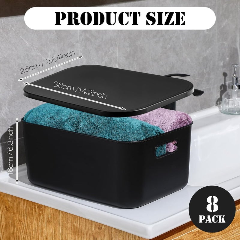 Hoolerry 8 Pieces Colorful Storage Bins with Lid, Plastic Storage Basket Organizing Container Stackable Box with Handle for Shelves Desktop Playroom Office(13.8 x 9.8 x 5.9 Inch,Black) - Image 2