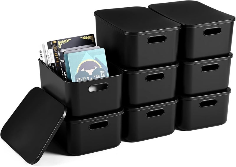 Hoolerry 8 Pieces Colorful Storage Bins with Lid, Plastic Storage Basket Organizing Container Stackable Box with Handle for Shelves Desktop Playroom Office(13.8 x 9.8 x 5.9 Inch,Black) - Image 1