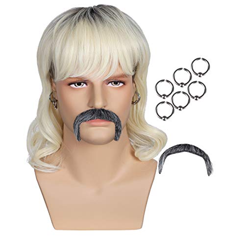 ColorGround Dark Root Wig with 6 Earrings and Mustache for Men - Image 1