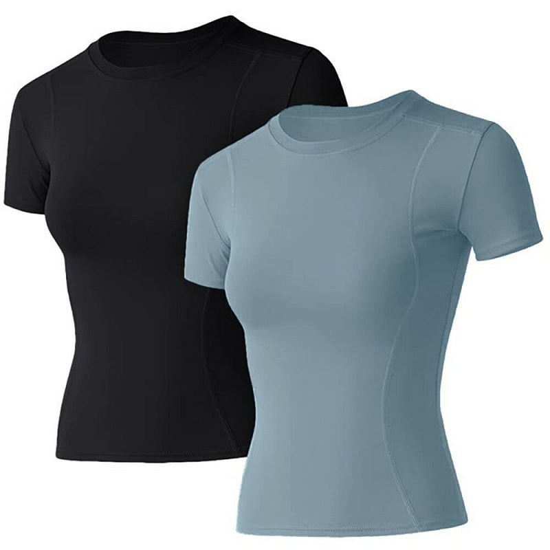 Loovoo Women Seamless Athletic Yoga Gym Shirts 2 Pack Workout Tops Short-Sleeves Crewneck Dry Fit - Image 1