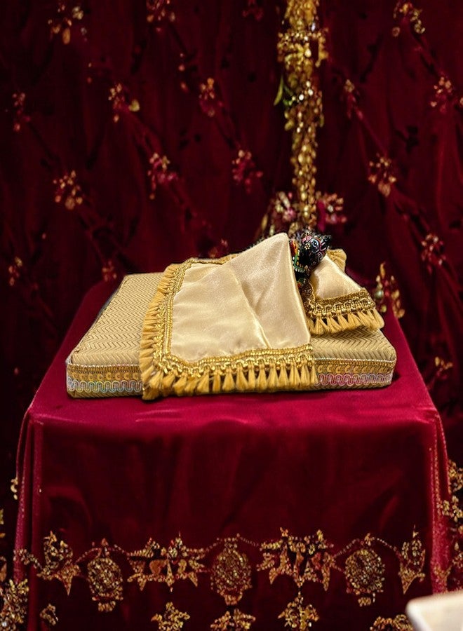 PETALUMA طقم Thakur Ji Bister فائق النعومة من PETALUMA مع سرير Gaddi مصنوع يدويًا، مكتمل مع وسادة وملاءة غطاء. طقم مفروشات Kanha Ji يمكن استخدامه للأطفال من 0 إلى 5 سنوات بدون مقاس Laddu Gopal ji Singhasan. (الذهب الشامبانيا) - Image 2
