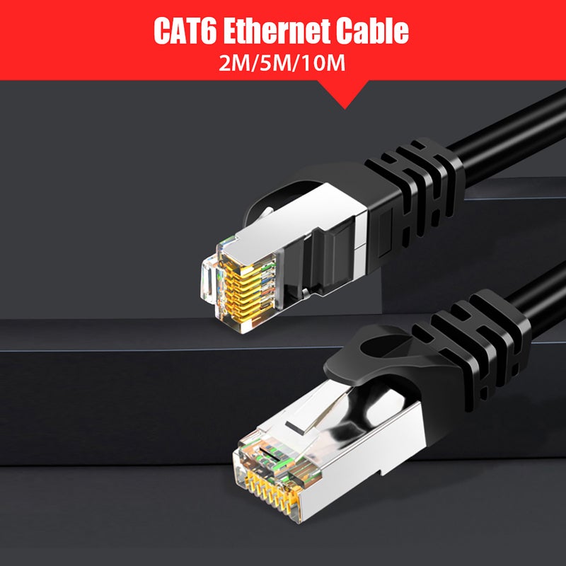 كابل إيثرنت CAT6 طول 2م/5م/10م، سلك وصلة شبكية جيجابيت، رابط RJ45 مطلي بالذهب، سلك وصلة شبkanie فائق الدقة، لجهاز كمبيوتر أو راوتر أو قاعدة تلفزيونية، محول كابل شبكي، اللون الأسود - Image 2