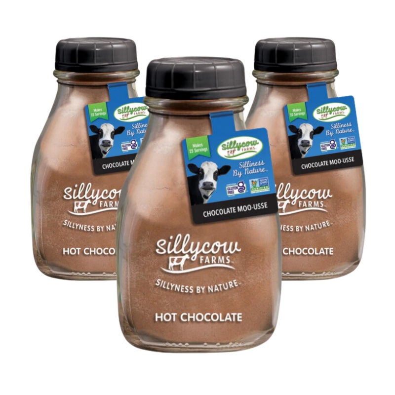 Sillycow Farms Hot Chocolate Moo-usse Mix | Rich Hot Cocoa Delight | Gluten-Free, Non-GMO, Dairy-Free |Indulgence with Pure Cocoa and Vanilla Flavor | 16.9 Oz Reusable Glass Bottle - Pack of 3 - Image 1