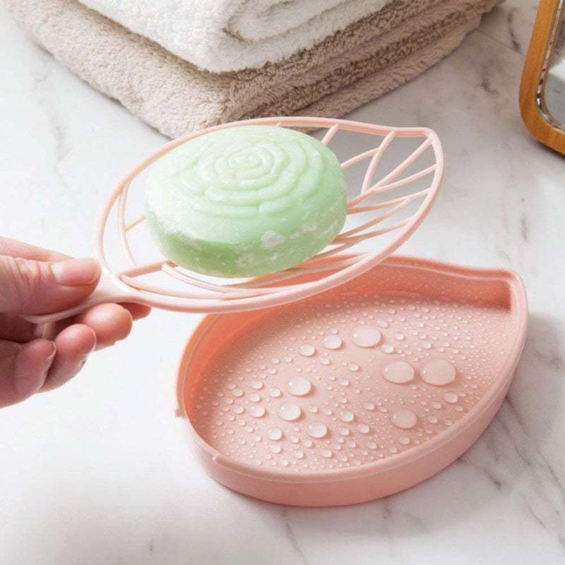 CONNECTWIDE CONNECTWIDE Beautiful Leaf Shape Double Layer Soap Dish Case Holder for Shower Waterfall Counter Top Size 10x 17 cm Baby Pink Set of 2  - Image 4