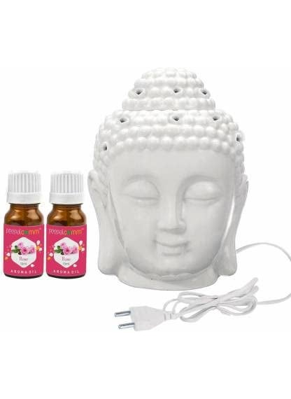 PeepalComm Peepalcomm Ceramic Electric Buddha Aroma Diffuser Home Fragrance Night Lamp Light with 2 Rose Aroma Oil of 10ml Each for Home Office Hotel Spa 10x10x14cm White  - Image 1