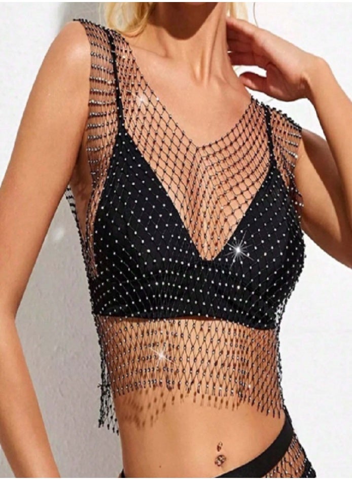 Shein Crystal Detail See-Through Mesh Braless Tank Top  - Image 1