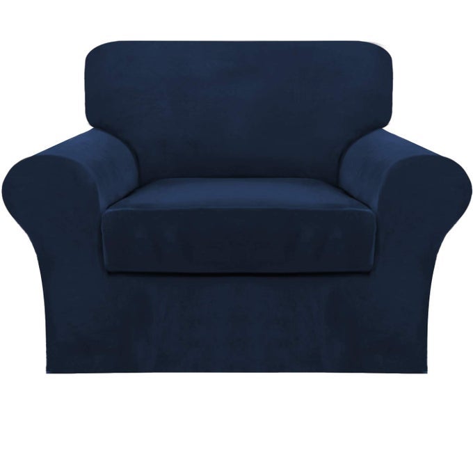 2 PIECE CHAIR SOFA COVERS VELVET FOR LIVING ROOM SLIPCOVERS WITH INDIVIDUAL CUSHION ELASTIC FURNITURE PROTECTOR FOR PETS MACHINE WASHABLE ARMCHAIR NAVY
