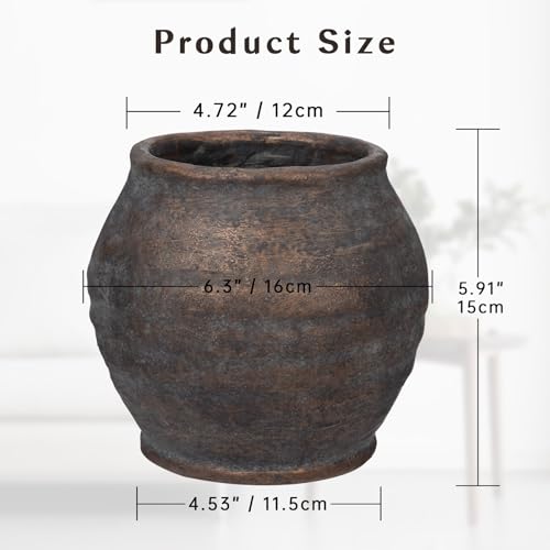 Briful 5.91'' Large Ceramic Rustic Vase Shabby Vintage Textured Vase, 4.72'' Wide Mouth Pampas Jar Vase Pottery for Fake Flowers Branches, Farmhouse Home Décor, Weddings Shelf Table Decor, Brown - Image 2