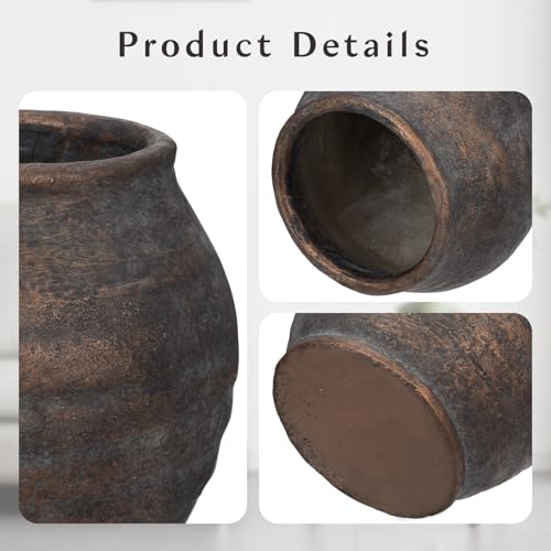 Briful 5.91'' Large Ceramic Rustic Vase Shabby Vintage Textured Vase, 4.72'' Wide Mouth Pampas Jar Vase Pottery for Fake Flowers Branches, Farmhouse Home Décor, Weddings Shelf Table Decor, Brown - Image 3