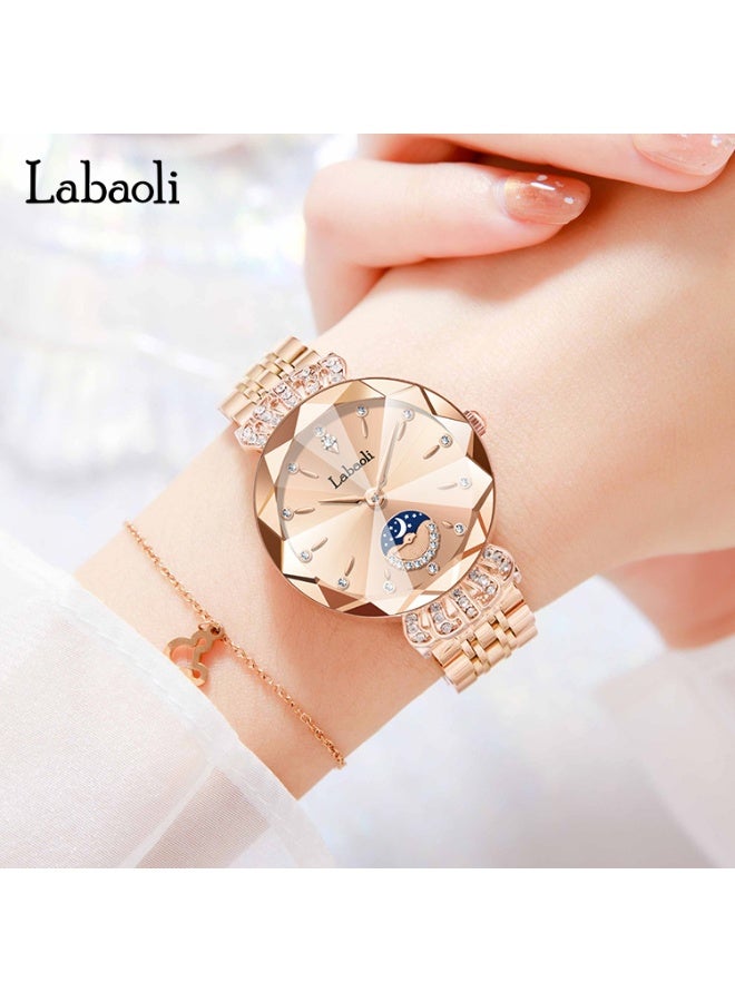 Labaoli Luxury Women Quartz Watch Moon‑Phase Sub‑Dial Rhinestone Rose Gold Steel Band Waterproof Fashion Wrist Watch - Image 2