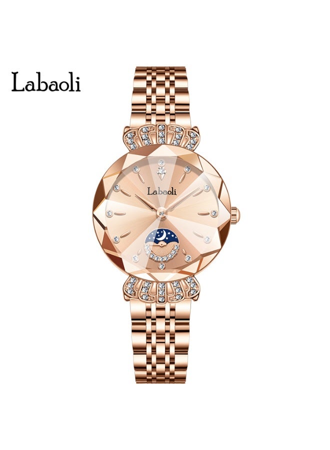 Labaoli Luxury Women Quartz Watch Moon‑Phase Sub‑Dial Rhinestone Rose Gold Steel Band Waterproof Fashion Wrist Watch - Image 1
