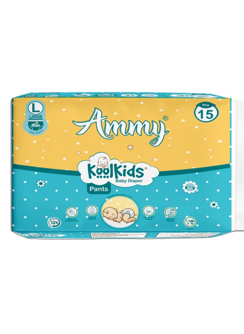 Ammy - Ammy Koolkids Baby Diaper Pants, L Size (15 Count), Rash Free Diaper Pants for Babies,Super soft, Super Flexi Smart Fit- System, (9-14Kg) - Image 1