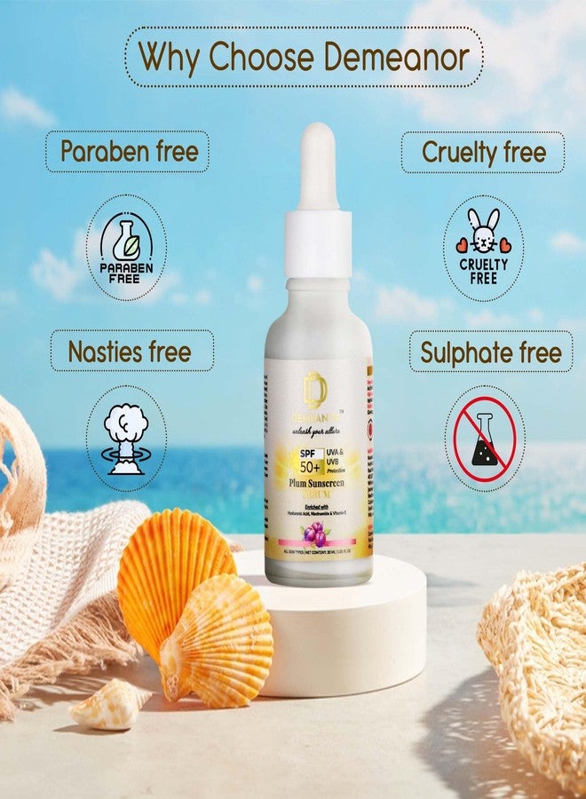 DEMEANOR Sunscreen Serum for All Skin Types SPF 50 PA++++ with Hyaluronic Acid & Vitamin C, 30ml | Broad Spectrum- UVA&UVB Protection | For Glowing & Sun-Safe Skin | No White Cast - 30ML - Image 4