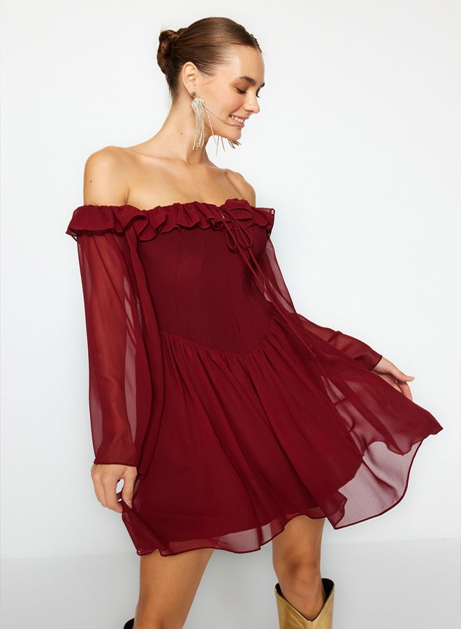 trendyol Burgundy A-Cut Lined Flounce Woven Chiffon Short Elegant Evening Dress TPRSS23EL00096 - Image 2