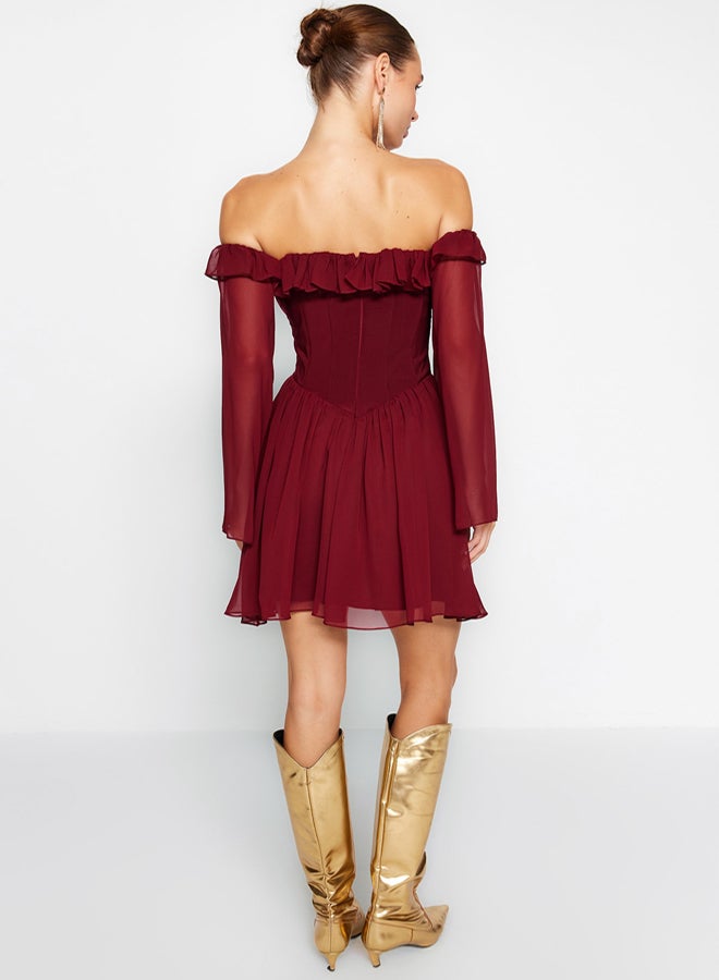 trendyol Burgundy A-Cut Lined Flounce Woven Chiffon Short Elegant Evening Dress TPRSS23EL00096 - Image 5