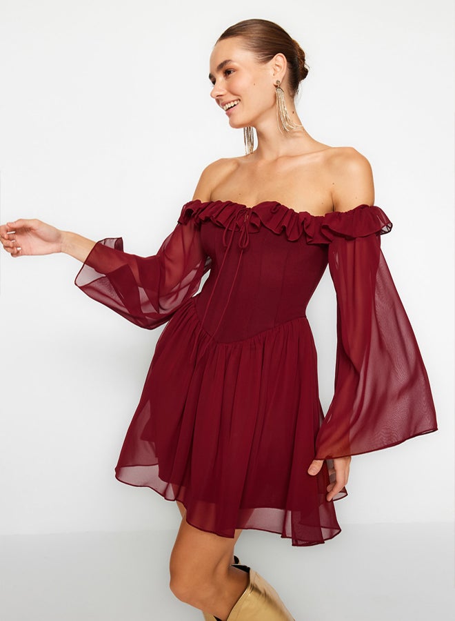 trendyol Burgundy A-Cut Lined Flounce Woven Chiffon Short Elegant Evening Dress TPRSS23EL00096 - Image 3
