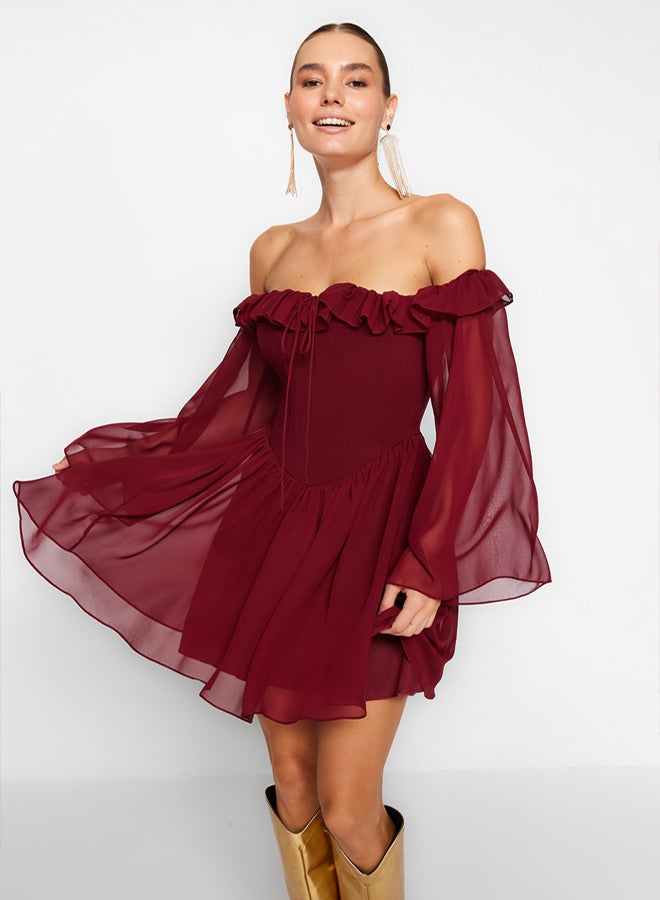 trendyol Burgundy A-Cut Lined Flounce Woven Chiffon Short Elegant Evening Dress TPRSS23EL00096 - Image 1