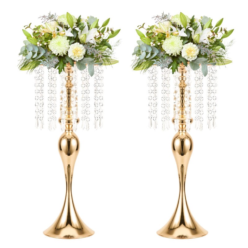 LANLONG Wedding Centerpieces for Tables Gold Flower Vases for Centerpieces 2Pcs Tall Metal Flower Vases with Chandelier Crystal 213in Flower Stand for Wedding Reception Birthday Party Events Home Decor