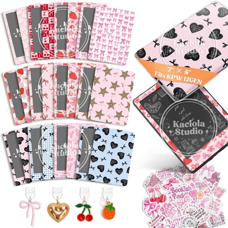 KACIOLA STUDIO 24PCS Pink Bow Skin for E-Reader, and 4PCS Type C Charms for E-Reader with Scrapbook Stickers, 7"x5" Skin Front and Back Decal Inserts for Paper White 12th (Pink Bow) - Image 1
